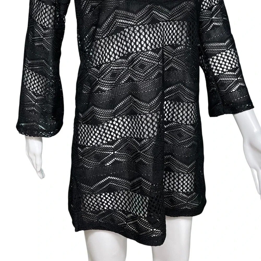 Black Crochet Knit V-Neck Swim Beach Cover Up Resortwear Dress Bell Sleeve - Picture 3 of 10